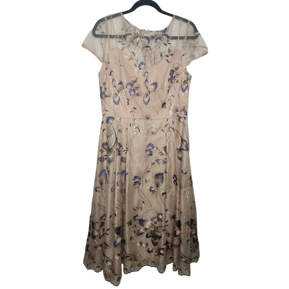 Alex Evenings Gold Embroidered Floral Butterfly Midi Dress Women's Sz 8 Fairy